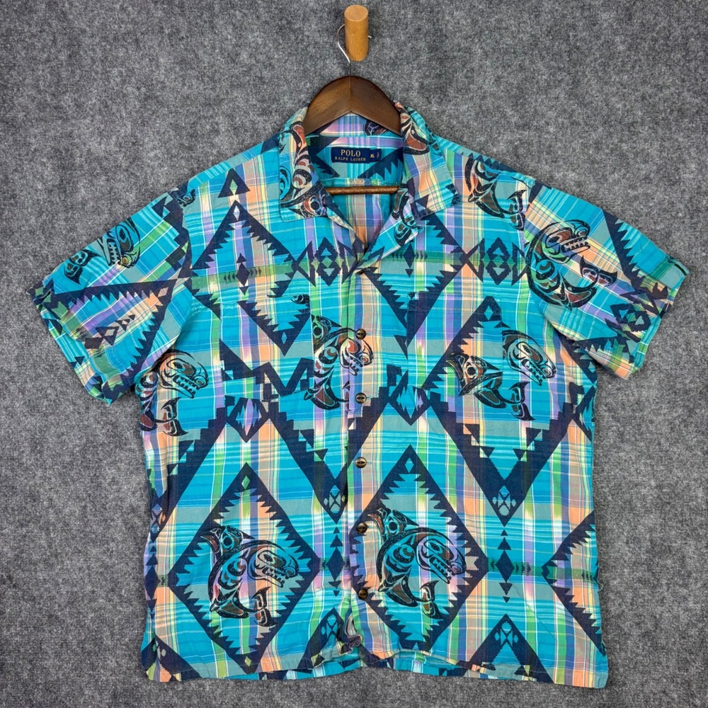 Polo Ralph Lauren Button Up Mens XL Turquoise Plaid Tribal Orca Whale Shirt